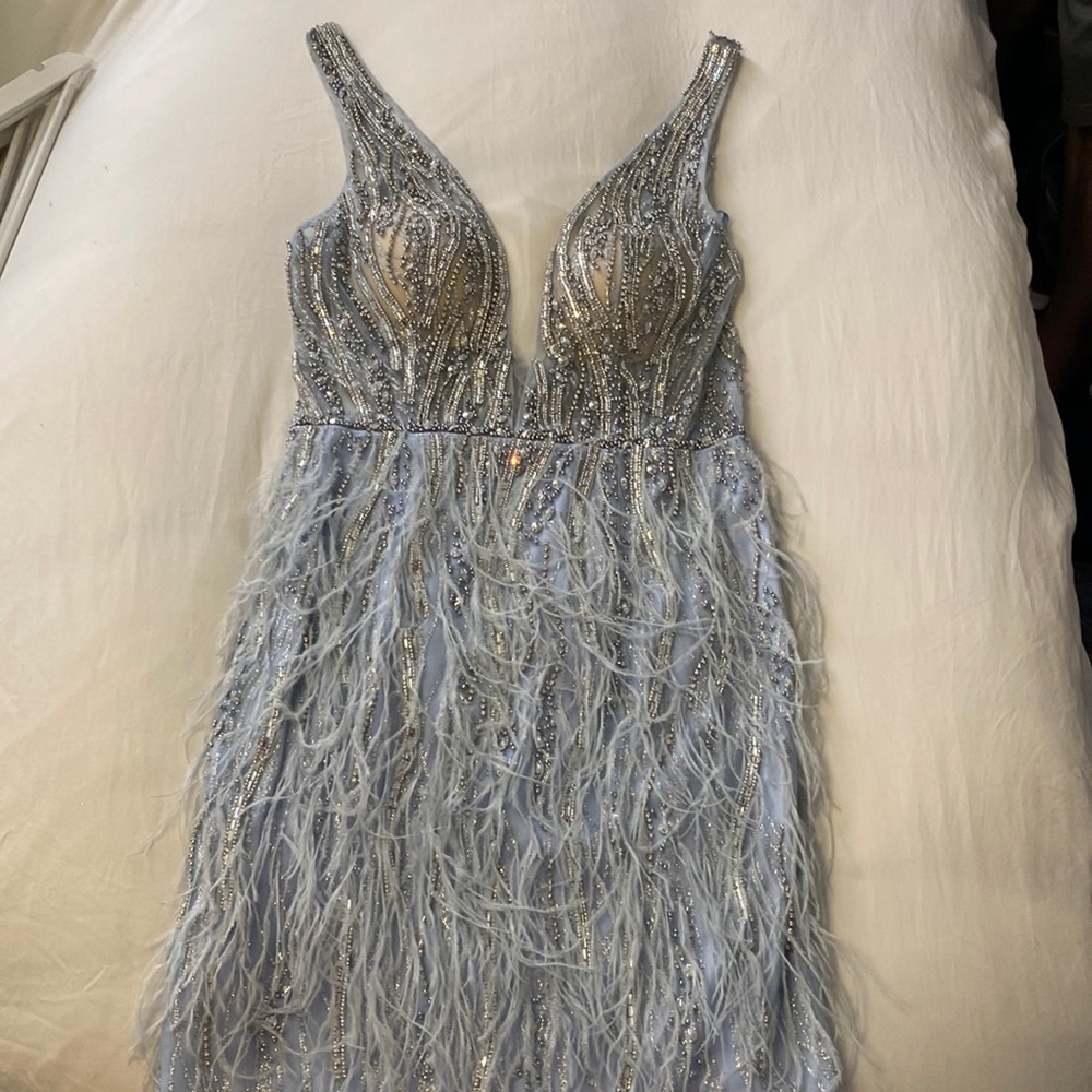Jovani Light Blue Sequence/ Feather Dress Size 8